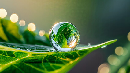 Morning dew drops on a green leaf with reflections