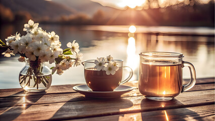 Fototapeta premium Tea and White Flowers by the Lake. Perfect for: Tea Lovers' Day, Lakeside Retreats, Quiet Afternoons