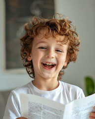 a 8 years old boy holding a white magazine of paper in hands laughinginto the camera, Generated Ai