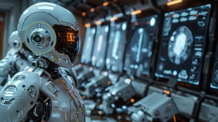 Fototapeta premium A futuristic classroom with holographic displays and interactive touch screens, where a group of seniors in sleek exoskeletons are learning advanced robotics with a youthful instructor. 