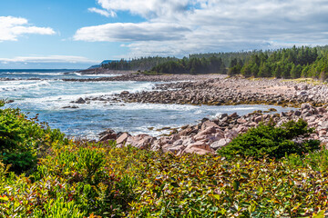 A view along rocky bays at Green cove, Ingonish on the Cabot Trail, Nova Scotia, Canada in the fall