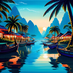 Tropical southeast asian landscape with traditional jungle and plants in the front and islands, sea and yachts in the background. Retro travel poster.generative ai