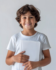 a 8 years old boy holding a white magazine of paper in hands laughinginto the camera, Generated Ai