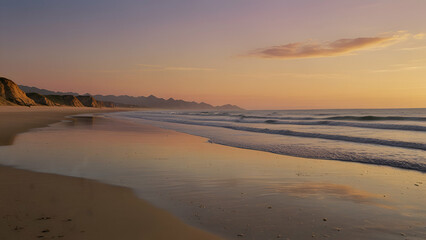 Peaceful Beach Sunrise with Soft Gentle Waves Creating a Tranquil Atmosphere of Natural Beauty