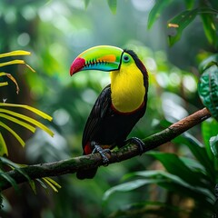 Obraz premium Closeup of toucan sitting on branch with vivid colors, A toucan on a tree branch surrounded by lush jungle foliage .