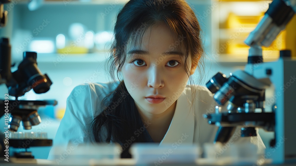 Poster a dedicated scientist conducts research in a modern medicine development laboratory, analyzing sampl