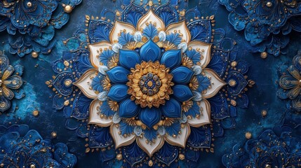 Ornate blue, gold mandala; resin art.