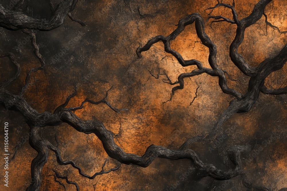 Poster Twisted tree roots create an intricate texture against a dark and earthy backdrop in a forest setting