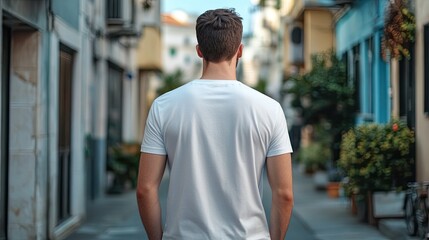 Fototapeta premium Mockup Of man Wearing Customizable T-Shirt, Rear View