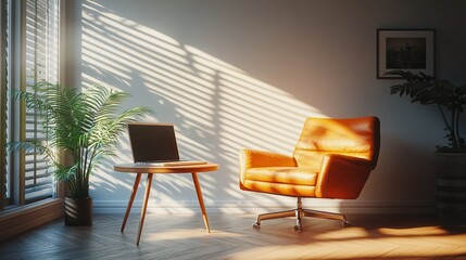 Fototapeta premium Aesthetic luxury modern home office workspace interior with laptop computer, orange leather armchair and coffee table. Sunlight shadows on the wall. Lounge space for relaxation and