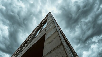 A wide-angle architectural color photograph emphasizing sharp lines, detailed textures, and intense weather conditions. The stormy sky creates a high-tension atmosphere.