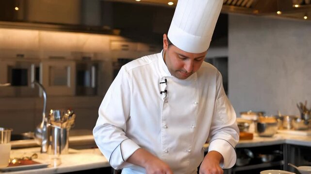 Chef meticulously preparing a dish, slicing ingredients with precision in a contemporary kitchen setting