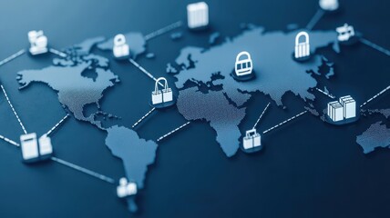 A digital world map with security icons representing online safety, privacy, and global connectivity in cybersecurity.