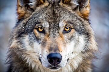 Fototapeta premium Wolf Muzzle Closeup, Wild Canine Face, Animal Portrait, Predator Eyes, Nature Photography, Majestic Wolf, Wildlife Image, Close Up Shot, Sharp Focus, Fur Detail