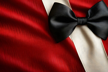  Elegant black bow tie on vibrant red and white silk background, perfect for formal event themes, luxury concepts, and sophisticated style visuals