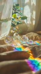 Fototapeta premium Beautiful Light Reflections Through Crystal Gems on Soft Fabric Background