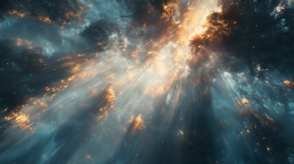 Fototapeta premium Celestial Canopy: A mesmerizing aerial view of a dense forest bathed in a golden, ethereal glow. Sunbeams pierce through the canopy, creating a radiant spectacle of light and shadow.