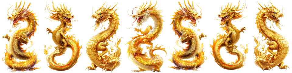 Obraz premium A row of gold dragons are shown in various poses