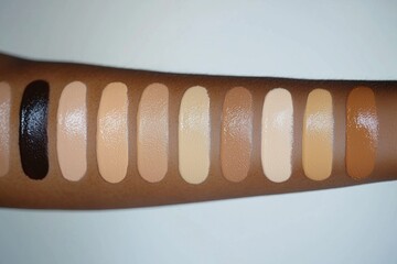 An arm displaying swatches of diverse foundation shades on a dark skin tone, arranged from dark to light. This image highlights diversity, inclusivity, and makeup choices.