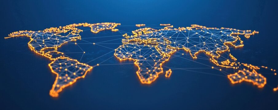Fototapeta A digital representation of a world map connected by glowing lines, symbolizing global connectivity and network communications.
