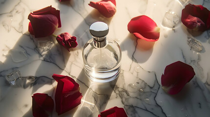 Elegant Rose Perfume Bottle on Marble with Ice