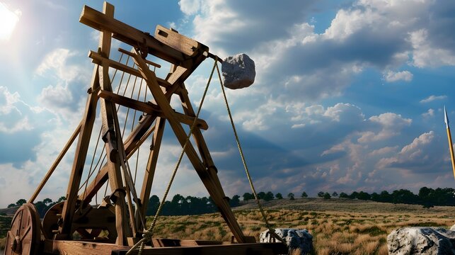 A catapult launching a large stone through the air, showcasing the powerful mechanism and dramatic motion of medieval siege equipment.