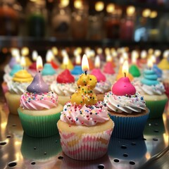 Row of Lit Birthday Cupcakes | Colorful Sweet Treats with Burning Candles