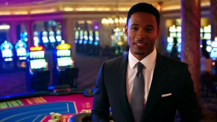 Young casino dealer presenting something with his hands near a gaming table with slot machines in the background