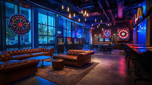 The 3rd floor axe-throwing arena and karaoke lounge, a stylish space with leather couches, dartboards, and a virtual golf setup, illuminated by moody, modern lighting. 
