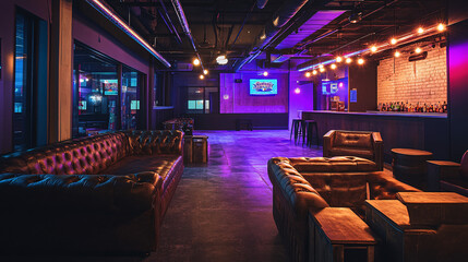 The 3rd floor axe-throwing arena and karaoke lounge, a stylish space with leather couches, dartboards, and a virtual golf setup, illuminated by moody, modern lighting. 