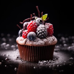 Decadent Chocolate Cupcake Adorned with Cranberries and Icing Sugar Dust