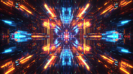 Fototapeta premium Abstract Neon Tunnel: A vibrant, mesmerizing tunnel of neon lights in blue and orange, creating an immersive and futuristic digital landscape.