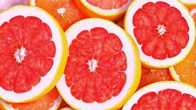 Close-up of juicy grapefruit slices, vibrant red segments and yellow rind.