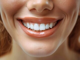 Persons face is captured closeup showcasing bright white smile slight overbite smooth skin