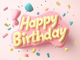 Happy birthday card design_3D artwork, pink and yellow