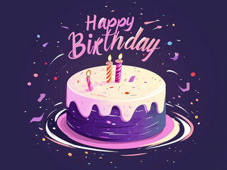 Happy birthday card design_purple theme with birthday cake