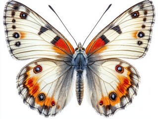 Parnassius apollo butterfly perches on clean white surface showcasing its elegant white wings adorned vivid red and black spots. perfect lighting highlights its delicate features.