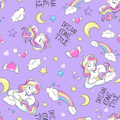 Cute unicorn drawing sleeping sweetly. Fashion illustration in modern style for clothes or fabrics.