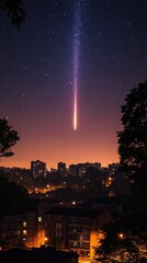 Night city skyline with shooting star.