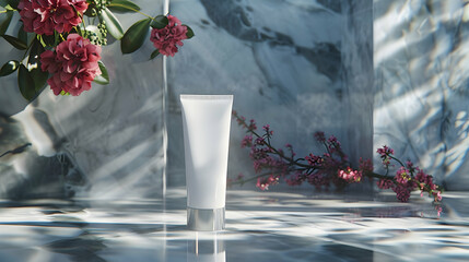 Elegant White Cosmetic Tube on Marble with Blossoms