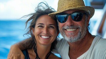 A couple shares a moment of happiness on a boat, smiling brightly against the backdrop of the vast ocean. The sun reflects on the water as they embrace, showcasing their love and adventure spirit