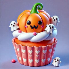 Cute Pumpkin Ghost In Cupcake Cartoon, 3d Generative AI
