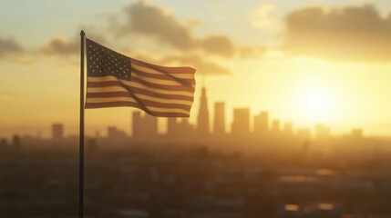 Close-up of the Los Angeles City flag with blurred city skyline in the background.
