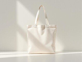 Flatly displayed cream canvas tote bag with long handles, surrounded by soft gradient lighting on a pure white background, evoking simplicity and elegance
