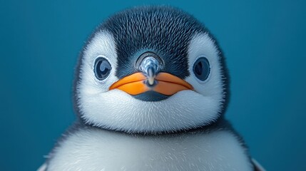 Close-up of an adorable baby penguin chick against a teal background.