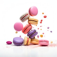 Colorful Macarons Floating in Mid-Air on White Background