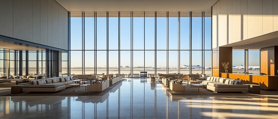 Modern airport lounge with panoramic runway view.