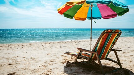A vibrant beach umbrella paired with a lounge chair, set up on the soft sand of a beach.