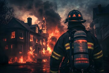 Fototapeta premium firefighter in reflective gear standing in front of a blazing fire, intense orange flames lighting up the scene, thick smoke rising into the night sky, cinematic and dramatic atmosphere, detailed text