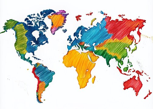 World Map Scribble Sketch: Colorful Hand-Drawn Travel Illustration